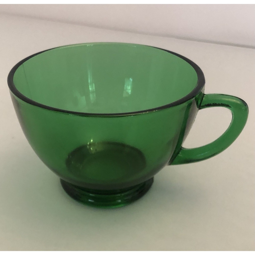 Vintage‎ Anchor Hocking Forest Green Punch Tea Cup Glass Handle Pressed Glass